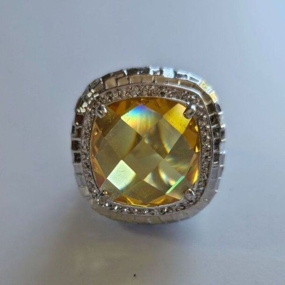 Silver tone large yellow rhinestone ring size 6